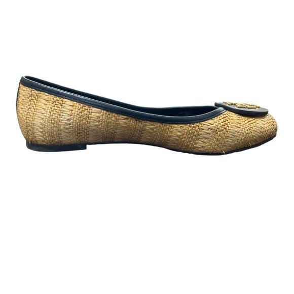 Tory Burch Reva Navy & Raffia Straw Woven Flats Logo Womens Size 7.5 - Picture 7 of 9